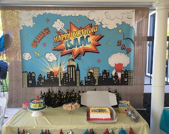 Superhero Backdrop, Superheroes Birthday Backdrop, Boy Superheroes party banner, Comic Superhero Party Backdrop, Superhero skyline, digital