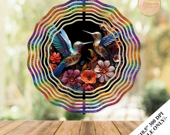 3D Metal Hummingbird Floral Wind Spinner Sublimation Design Template, Gold Hummingbirds Wind Spinner,10.5 inch Round Sublimation, Birds PNG