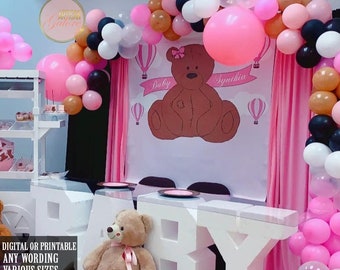 Fondo de ducha de bebé de peluche rosa, es una niña, telón de fondo de cumpleaños de oso de peluche, oso de peluche rosa, globo de aire caliente de oso de peluche digital