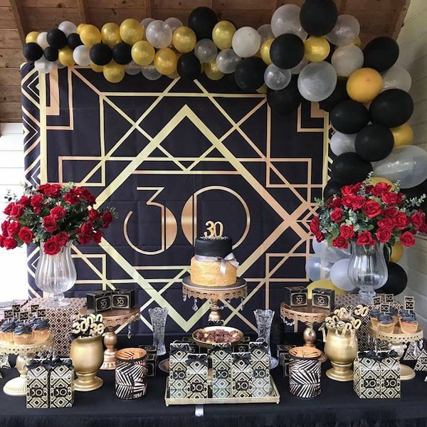 Great Gatsby Backdrop,Adults Party Banner,Personalised,Birthday Backdrop, 8'x8' Step and Repeat Backdrop,Black Gold Sign Any Age,digital