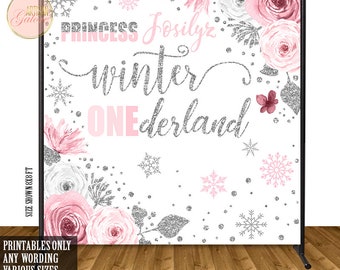 Winter Onederland backdrop, Winter Wonderland, Snowflakes, Baby Shower, Floral Silver pink snowflakes banner, Baby it's cold outside digital