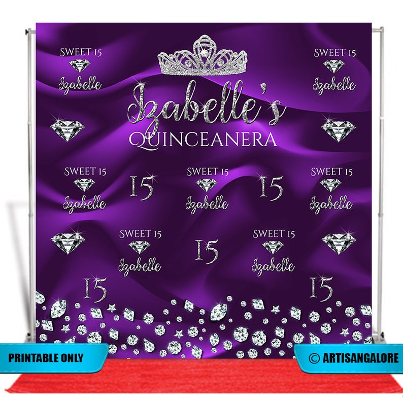 Quinceanera Backdrop, 15th, 16th birthday backdrop, Diamonds Photo Booth Backdrop,Step And Repeat Backdrop, Crown Princess Backdrop, Any age image 1