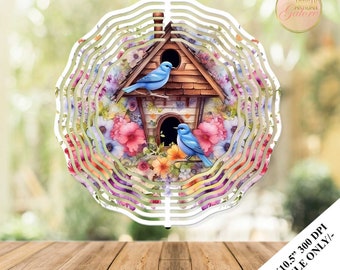 Bird house Spring Wind Spinner Watercolor Sublimation Design Template, Wind Spinner, 10.5 inch Round Sublimation, Round Hanging Spinner PNG