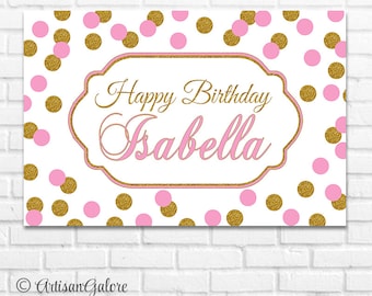 SALE Pink and Gold Dots Backdrop,  Polka dots birthday sign, baby shower backdrop, party prop, cake smash backdrop, Any Age, Various Colors