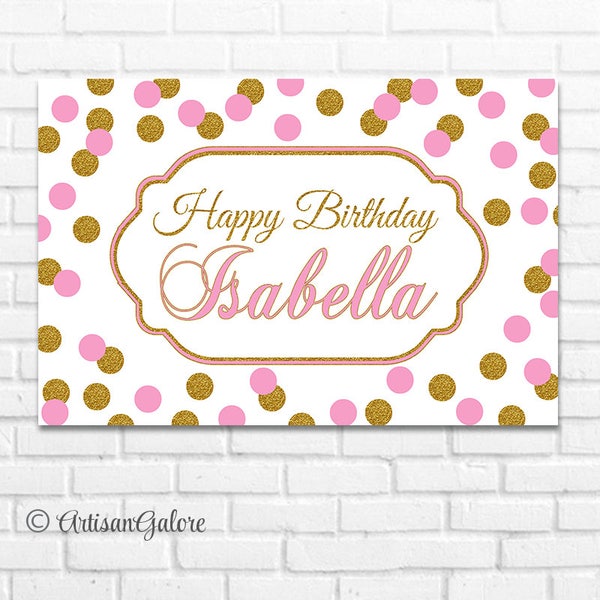 SALE Pink and Gold Dots Backdrop,  Polka dots birthday sign, baby shower backdrop, party prop, cake smash backdrop, Any Age, Various Colors