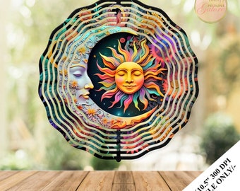 Sun Moon and Stars Wind Spinner Sublimation Design Template, Floral Wind Spinner,10.5 inch Round Sublimation, Watercolor Spinner PNG Wrap