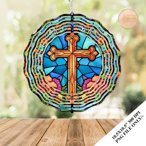 Cross Stained Glass Wind Spinner Sublimation Design Template, Christian Floral Wind Spinner, 10.5 inch Round Sublimation,Hanging Spinner PNG