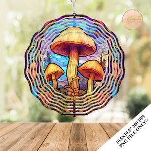 Mushrooms Stained Glass Wind Spinner Sublimation Design Template, Summer Wind Spinner, 10.5 inch Round Sublimation, Hanging Spinners PNG