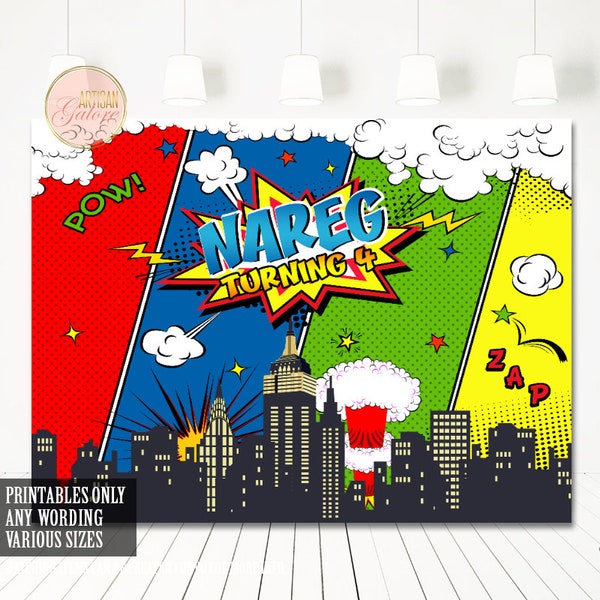 Superhero Backdrop, Superheroes Birthday Backdrop, Boy Superheroes party banner, Comic Superhero Backdrop, Superhero skyline, digital