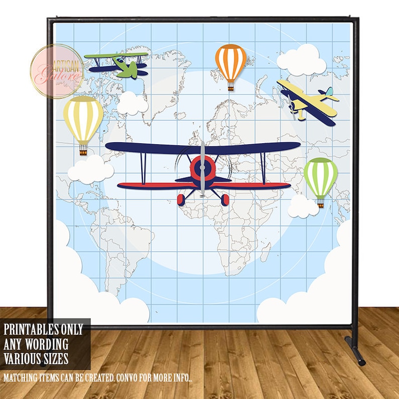 Airplane Backdrop, Vintage Airplane Backdrop, Airplane Birthday Backdrop, Baby Shower Backdrop, Vintage airplanes sign, Hot air balloon image 2