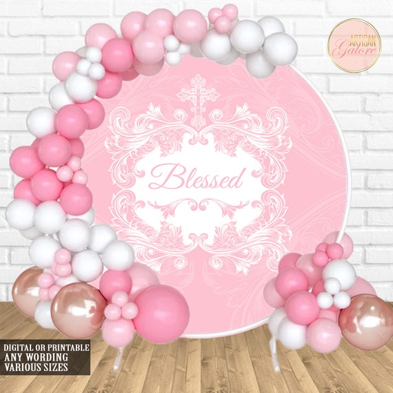 Baptism Round Backdrop Blessed Background Pink Cross Girls First Holy Communion Baby Shower Party Decoration Christening Photography Digital Il_570xn