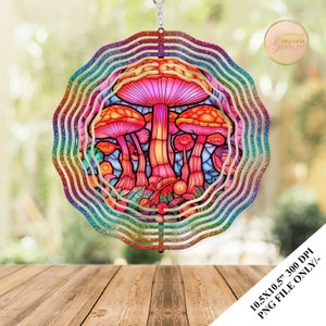 Pink Mushrooms Stained Glass Wind Spinner Sublimation Design Template, Wind Spinner, 10.5 inch Round Sublimation, Hanging Spinners PNG