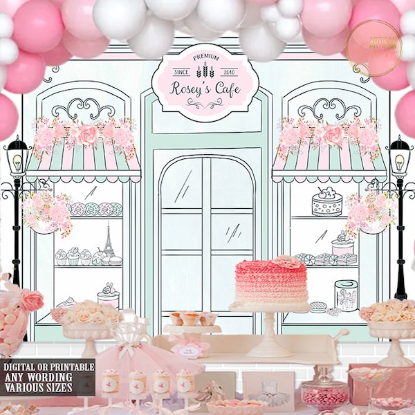 Patisserie Party Backdrop, Bake Shop Backdrop, Cupcake sweet Shoppe, Candy Shop, French café, Patisserie bakery Mint Pink, Sweet as Cupcake