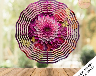 3D Dahlia Quilled Flowers Wind Spinner Sublimation Design Template, Dahlia Floral Wind Spinner, 10.5 inch Round Sublimation,Spinner PNG Wrap