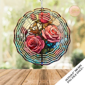 Roses Stained Glass Wind Spinner Sublimation Design Template, Floral Wind Spinner, 10.5 inch Round Sublimation, Round Hanging Spinners PNG