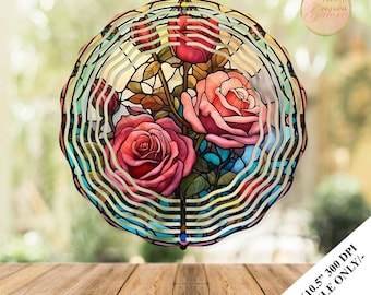 Roses Stained Glass Wind Spinner Sublimation Design Template, Floral Wind Spinner, 10.5 inch Round Sublimation, Round Hanging Spinners PNG