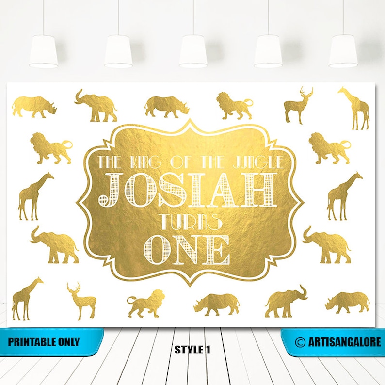 Safari Backdrop, Gold safari backdrop, Jungle backdrop, boy safari sign, gold animal sign, Gold White animals Baby shower backdrop image 2