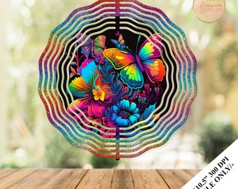 Butterfly Neon Glow in dark Wind Spinner Watercolor Sublimation Design Template, 10.5 inch Round Sublimation, Round Hanging Spinners png,