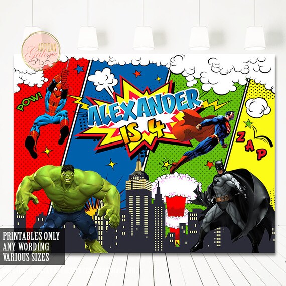 SALE Superhero Backdrop, Superheroes Birthday Backdrop, Boy Superheroes party banner, Comic Superhero Backdrop, Superhero skyline, digital Il_570xn