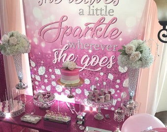 Sweet 16 backdrop, She Leaves a Little Sparkle Wherever She Goes Sign, Pink Glitter and sparkle Birthday backdrop, diamonds backdrop