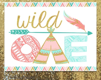 Girl Wild One Birthday Backdrop, Tribal backdrop, first birthday printable, Aztec Boho Girl Birthday backdrop,Pink Teal and Gold, Teepee