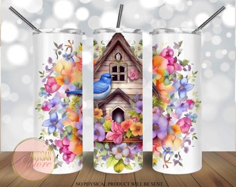 Bird Tumbler, Bird House 20 oz Skinny Tumbler Sublimation Design, Spring Straight & Tapered Tumbler Wrap PNG, Instant Digital Download PNG