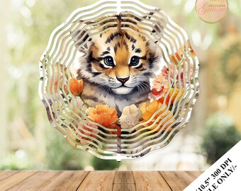 Baby Tiger Floral Wind Spinner Sublimation Design Template, Tiger Wind Spinner, 10.5 inch Round Sublimation, Watercolor Spinner PNG Wrap