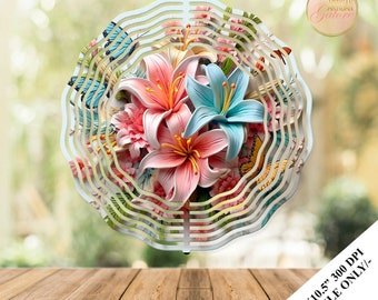 3D Pastel Lilies Wind Spinner Sublimation Design Template, Lily Floral Wind Spinner, 10.5 inch Round Sublimation, Round Hanging Spinners PNG