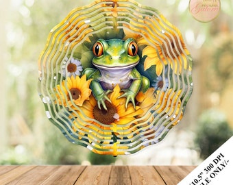 Frog Wind Spinner, Western Sunflower Sublimation Design Template, Wind Spinner, 10.5 inch Round Sublimation, Round Hanging Spinner PNG