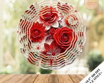 3D Red Roses Quilled Flowers Wind Spinner Sublimation Design Template, Floral Wind Spinner,10.5 inch Round Sublimation, Spinner PNG Wrap
