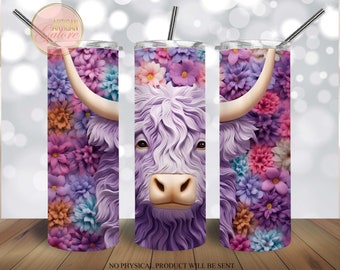 3D Highland Cow Baby tumbler, 20 oz Skinny Tumbler Sublimation, Straight & Tapered Tumbler Wrap PNG, Paper Quilling Cow, Instant Download