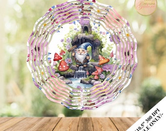 Garden Gnome Wind Spinner Watercolor Sublimation Design Template, Wind Spinner, 10.5 inch Round Sublimation, Round Hanging Spinner PNG