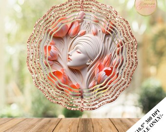 3D Tulip Girl Flowers Wind Spinner Sublimation Design Template, Tulips Floral Wind Spinner, 10.5 inch Round Sublimation, Spinner PNG Wrap