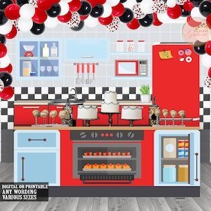 Sfondo Little Chef Party, Mini Chef Birthday Party Banner, Mini kitchen Backdrop design, Stove Oven Table front, Girls Birthday stampabile