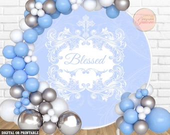 Baptism Round Backdrop Blessed Background Blue Cross Boy First Holy Communion Baby Shower Party Decoration Christening Photography Digital