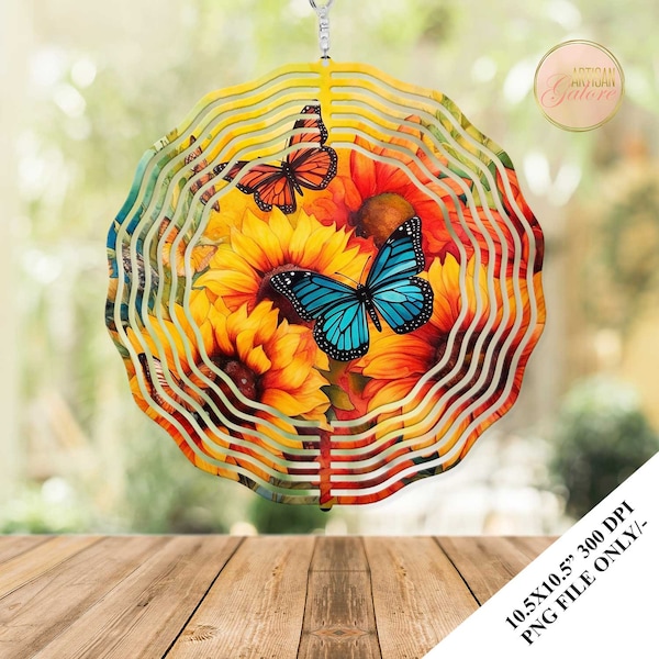 Schmetterling Sonnenblumen Wind Spinner Sublimation Design Vorlage, Floral Wind Spinner, 10,5 Zoll runde Sublimation, hängende Spinners PNG Wrap