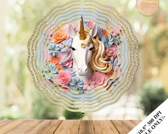 3D Unicorn Floral Wind Spinner Sublimation Design Template, Unicorn Horse Wind Spinner, 10.5 inch Round Sublimation, Spinner PNG Wrap