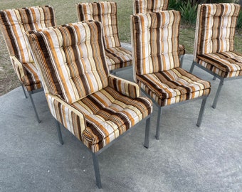 Groovy Set of 6 Velvet & Chrome Flat Bar Dining Chairs, Design Institute of America, Milo Baughman