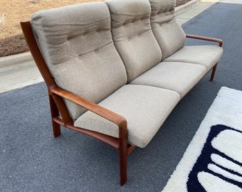 Danish Three-Seat Teak Sofa in Original Wool Mid Century