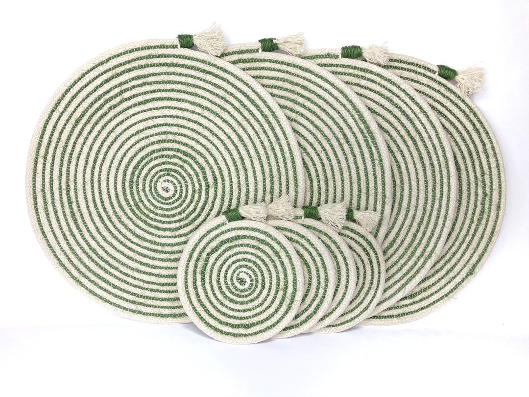 4 Green Table Mats / Placemats 4 Matching Coasters Rope Etsy