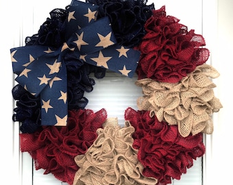 Ready to Ship Star Burlap WreathFront Door Wreath4th of July DecorMilitaryRed White and BlueCamouflageEverydayWelcomeUSAAmerica