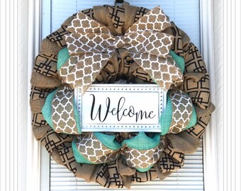 Welcome Wreath - Burlap wreath - Natural decor, Aqua burlap Wreath -  Home Decor -  Front Door Wreath  - Summer Wreath - Everyday Wreath
