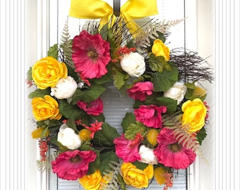 Spring Floral Wreath, Wreath for your front Door , pink and yellow flower wreath, Flower wreath, Door decoration, Welcome wreath