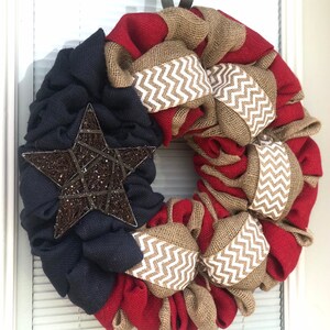 Best Seller Burlap Wreath 4th of July White Chevron, Red, Natural and Blue Burlap Fourth of July Burlap Wreath Decor image 5