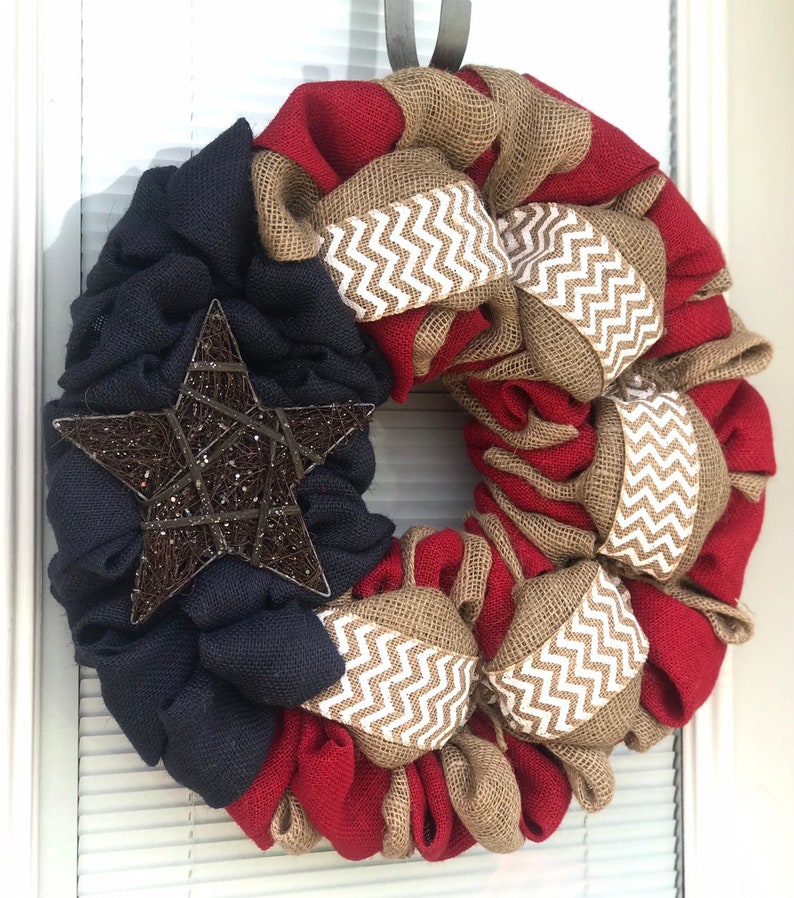 Best Seller Burlap Wreath 4th of July White Chevron, Red, Natural and Blue Burlap Fourth of July Burlap Wreath Decor image 5