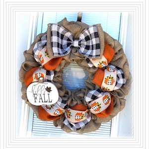 Hello Fall Decor, Fall  Burlap Wreath -  Orange,  Natural, Burlap Wreath, buffalo check Wreath, buffalo plaid wreath , Fall Decor,  Wreath