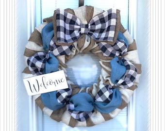 Winter Wreath -  Wreath Door decoration - Every day Burlap Wreath - Country Blue Burlap Wreaths, Wreath for All Year, Rustic wreaths