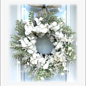 Eucalyptus Wreath, Wedding  wreath, Flower wreath, Door decoration, Natural bow wreath, Floral wreath, wedding decor White wreath