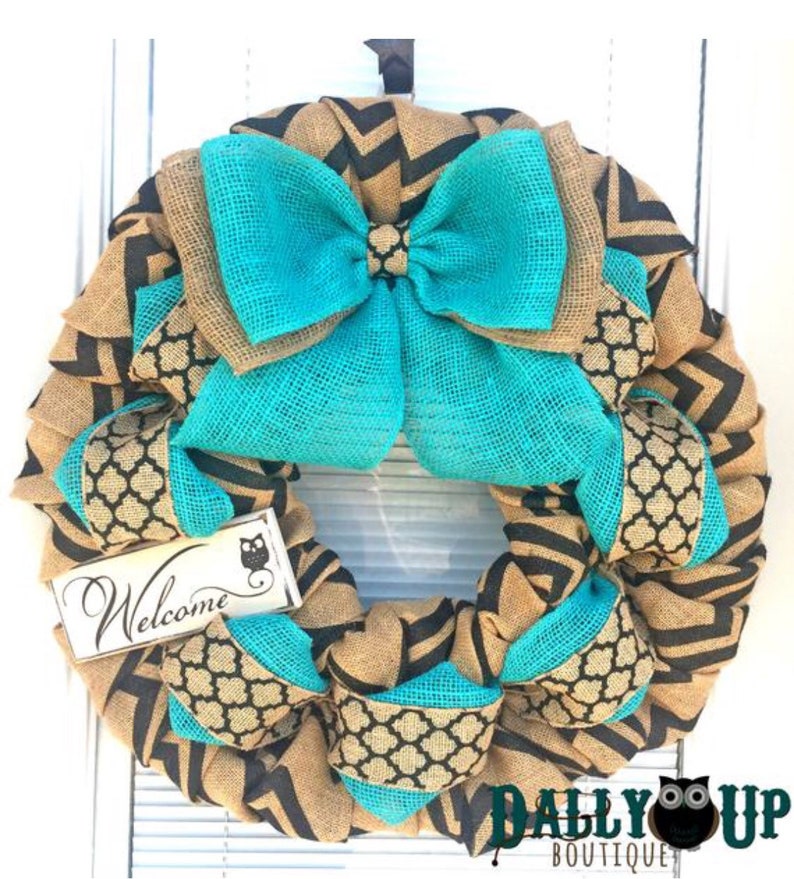 turquoise Wreath Black and Natural Chevron Winter Wreath All Year Wreath Home Decor Front Door Wreath Burlap Wreath