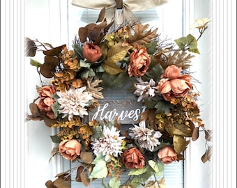 Burnt Orange Harvest Fall wreath, 24” Fall Floral Wreath,  Fall wreath, Fall Door Decor wreath, Fall decor